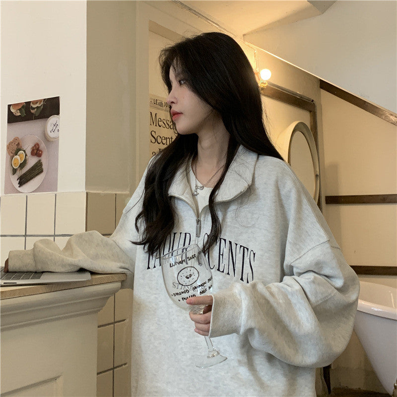 IELGY Grey polo collar sweatshirt women's thin loose oversize zipper top