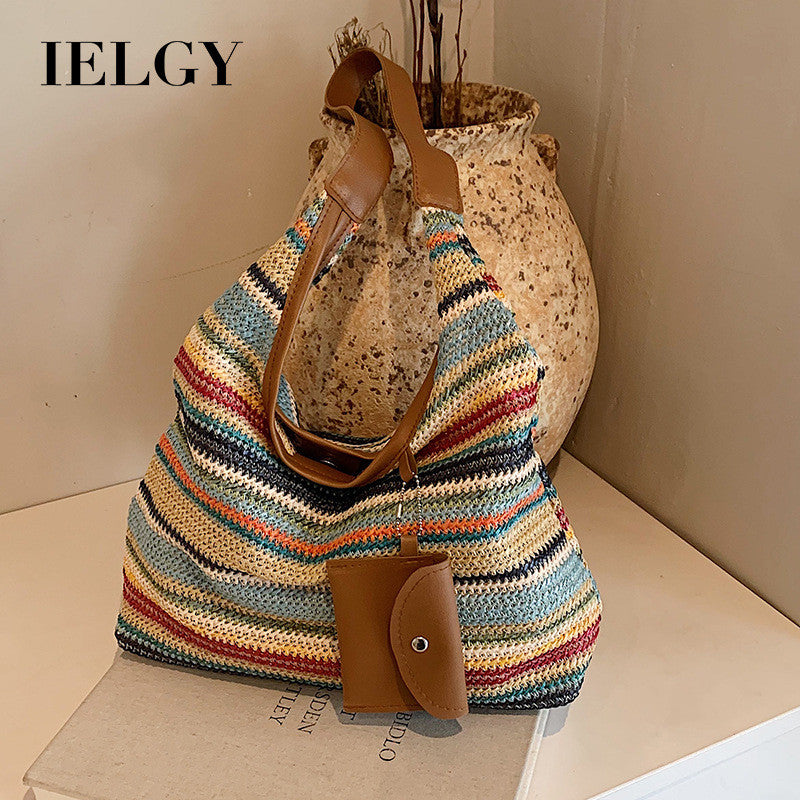 Ielgy Ladies Large-Capacity Hand-Woven Bag Fashion Commuter Tote Bag Vacation Beach Bag