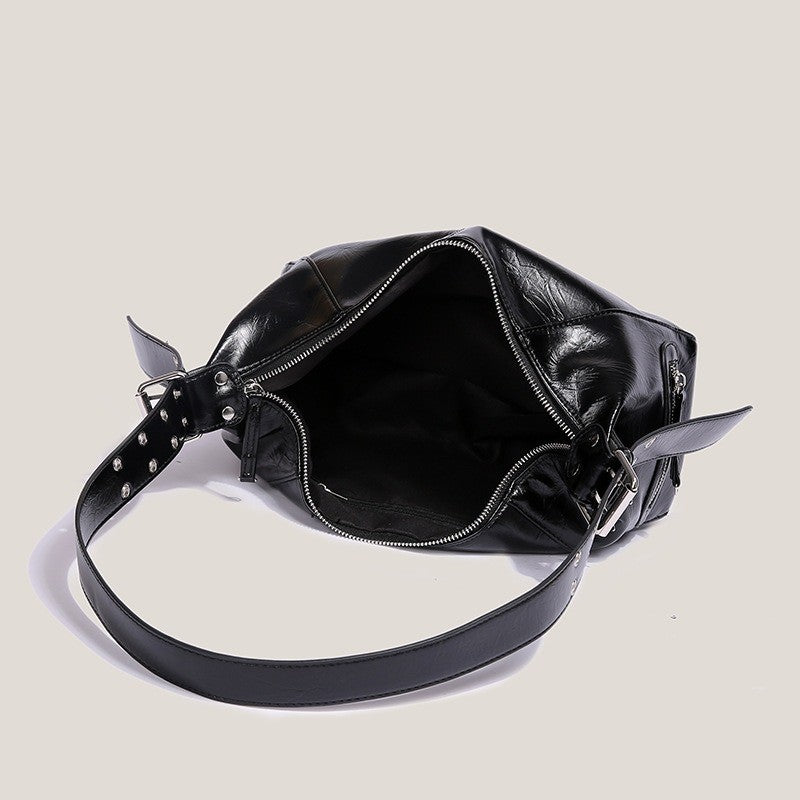 IELGY retro oil wax leather messenger bag, crescent bag, large-capacity versatile single shoulder wide shoulder strap textured women's bag