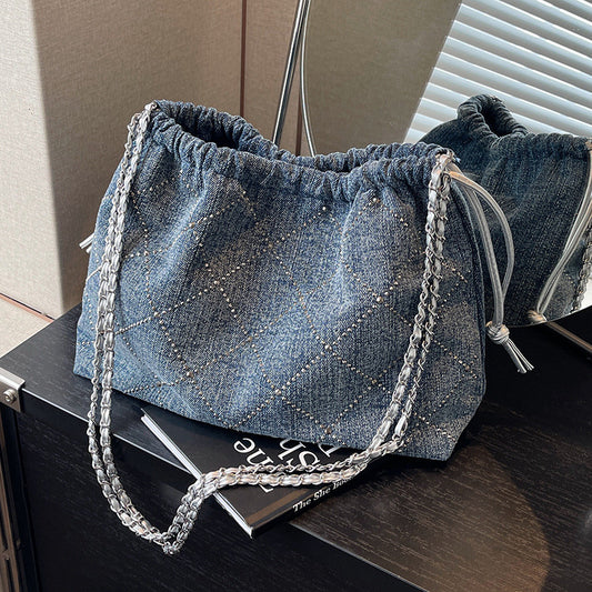 Ielgy Denim Bag Female Large Capacity Casual Fashion Chain Crossbody Bucket Bag