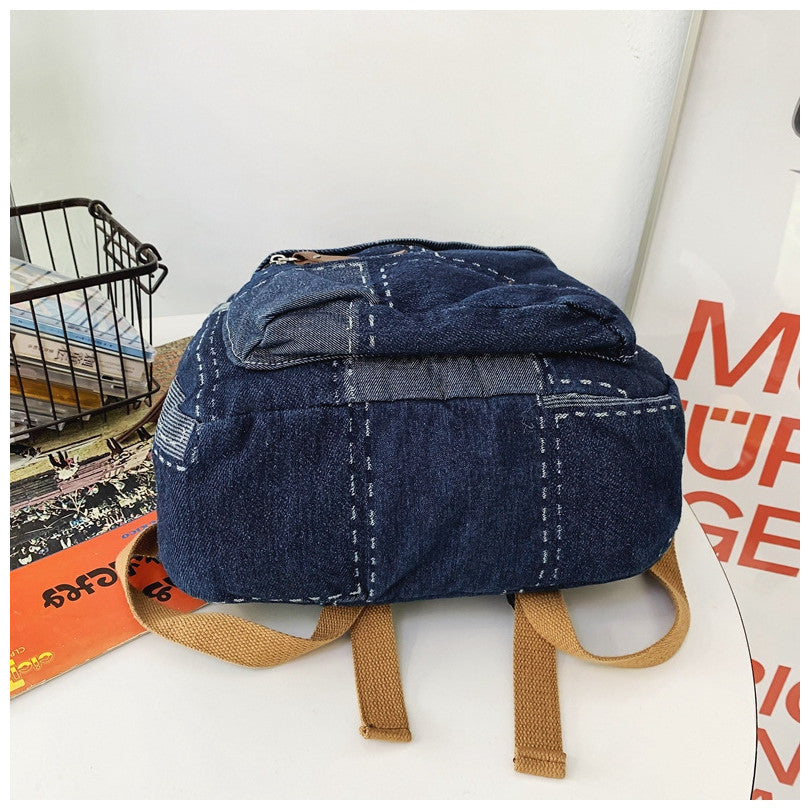 Ielgy Korean Version Lazy Style Denim Schoolbag Preppy Style Student Backpack Washed Retro Stitching Denim Backpack