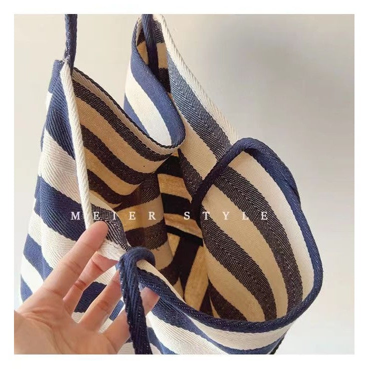 Ielgy Korean Literary Contrast Color Striped Canvas Tote Bag Large Capacity One Shoulder Lazy Style Shopping Bag Big Bag