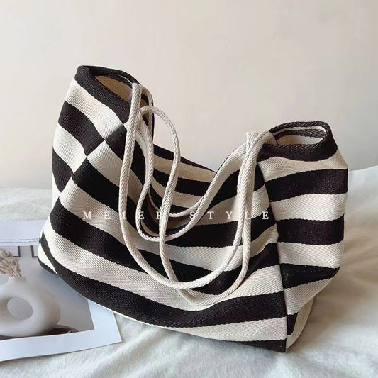 Ielgy Korean Literary Contrast Color Striped Canvas Tote Bag Large Capacity One Shoulder Lazy Style Shopping Bag Big Bag