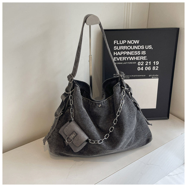 Ielgy Canvas Large Capacity Casual Retro Denim Underarm Bag Commuter Tote Bag