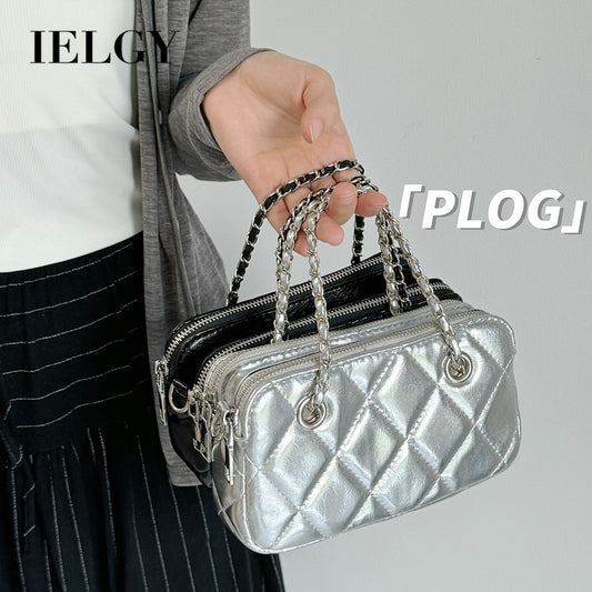 Ielgy Korean Style Textured Diamond Embroidered Small Golden Ball Chain Bag Double Zipper Compartment Female Bag