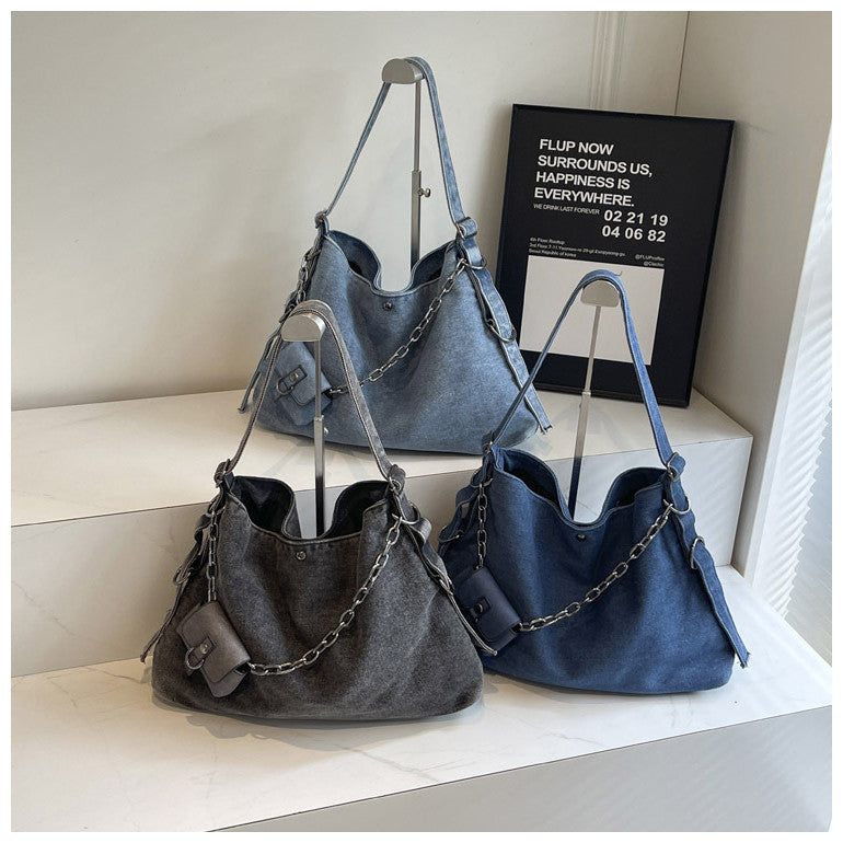 Ielgy Canvas Large Capacity Casual Retro Denim Underarm Bag Commuter Tote Bag