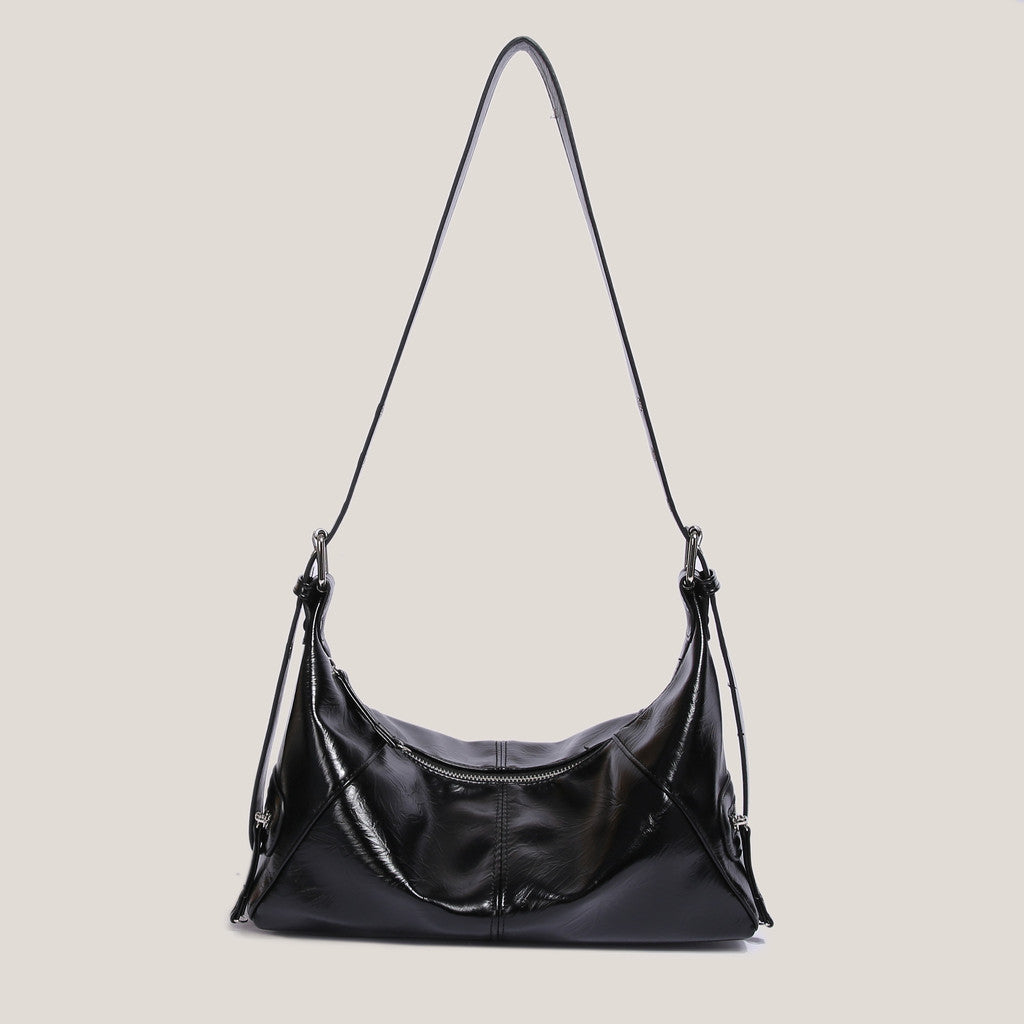 IELGY retro oil wax leather messenger bag, crescent bag, large-capacity versatile single shoulder wide shoulder strap textured women's bag