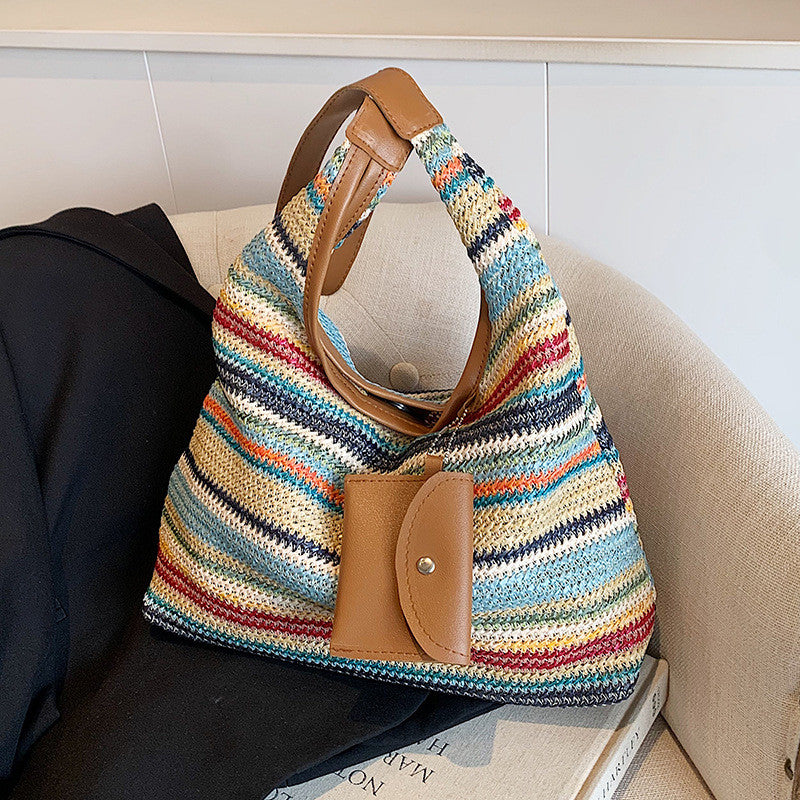 Ielgy Ladies Large-Capacity Hand-Woven Bag Fashion Commuter Tote Bag Vacation Beach Bag