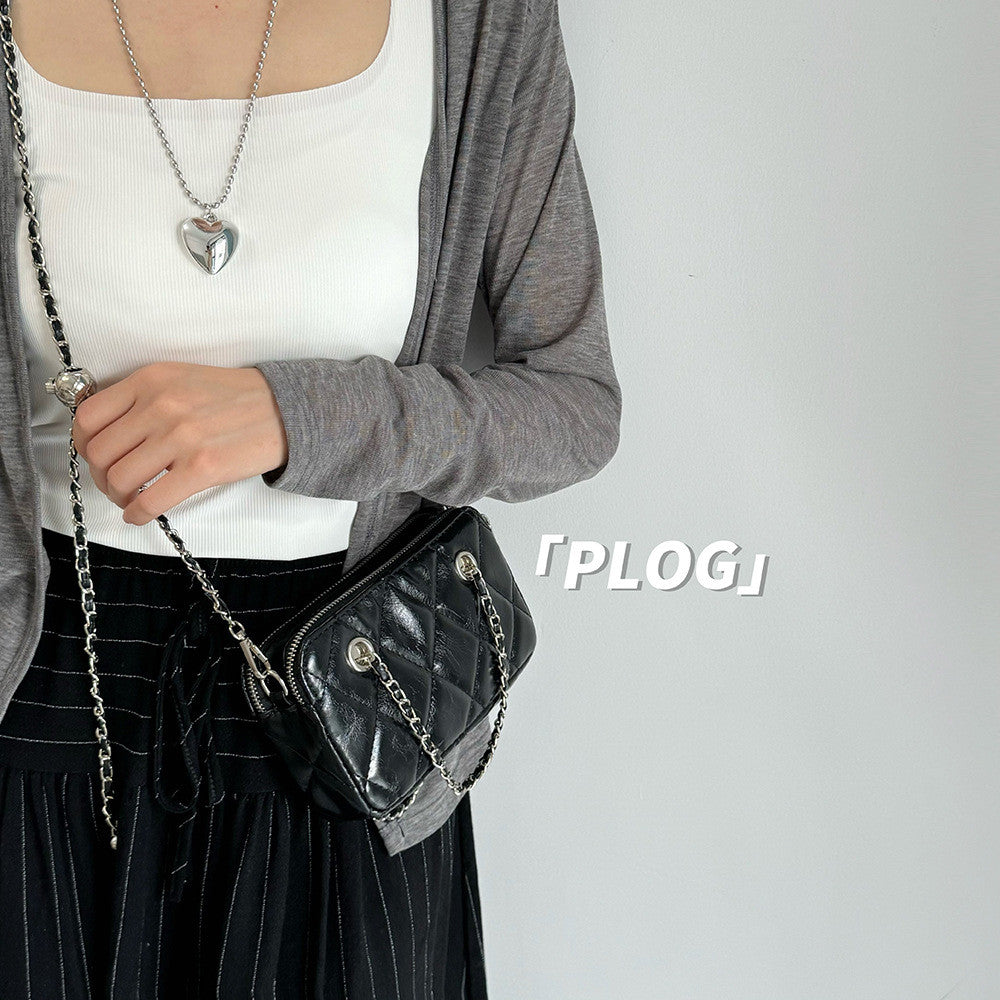 Ielgy Korean Style Textured Diamond Embroidered Small Golden Ball Chain Bag Double Zipper Compartment Female Bag