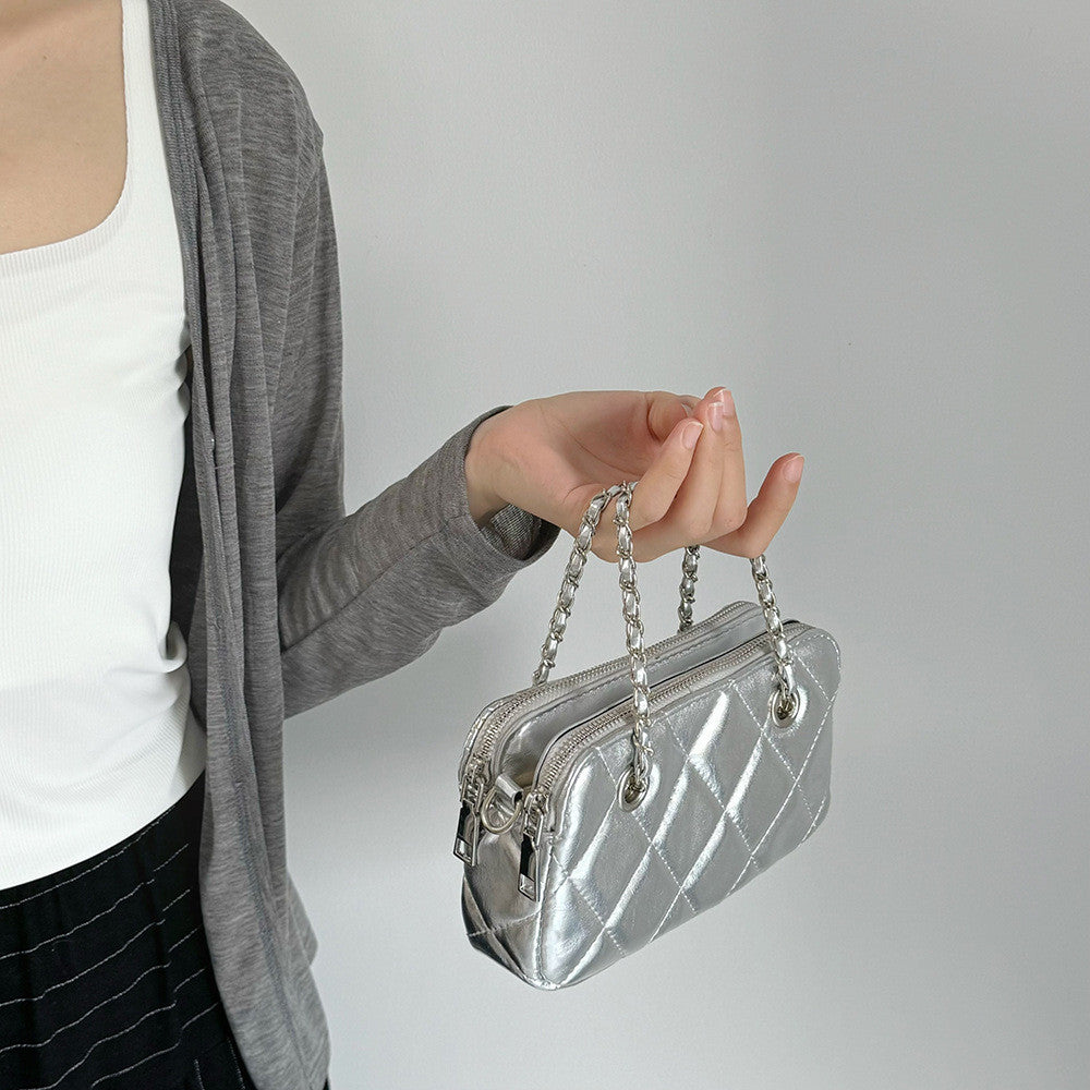 Ielgy Korean Style Textured Diamond Embroidered Small Golden Ball Chain Bag Double Zipper Compartment Female Bag