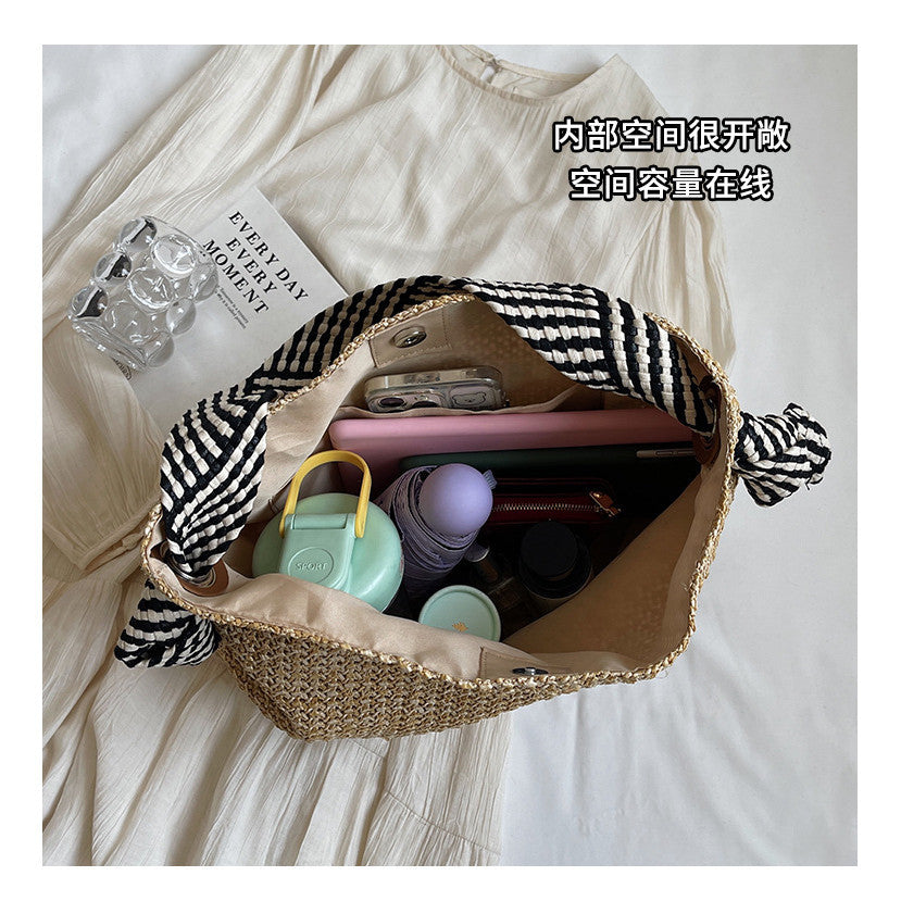 Ielgy Loose Feel Straw Bag Large Capacity Casual One-Shoulder Bucket Bag Woven Seaside Beach Bag