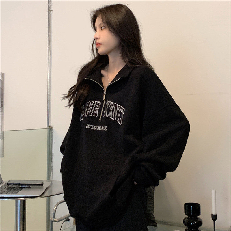 IELGY Grey polo collar sweatshirt women's thin loose oversize zipper top