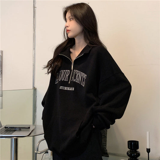IELGY Grey polo collar sweatshirt women's thin loose oversize zipper top
