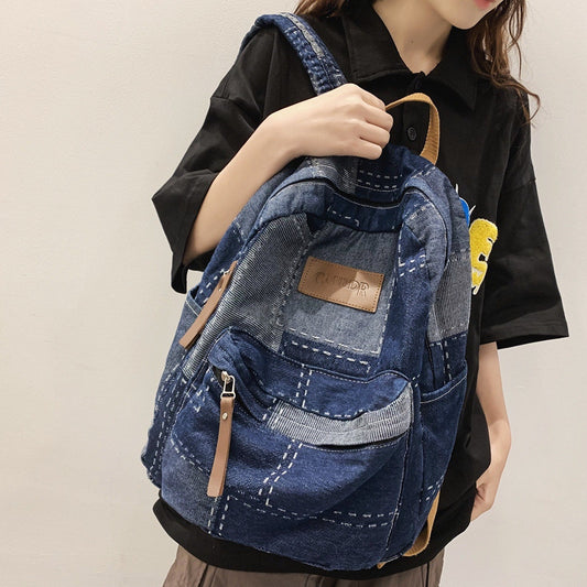 Ielgy Korean Version Lazy Style Denim Schoolbag Preppy Style Student Backpack Washed Retro Stitching Denim Backpack