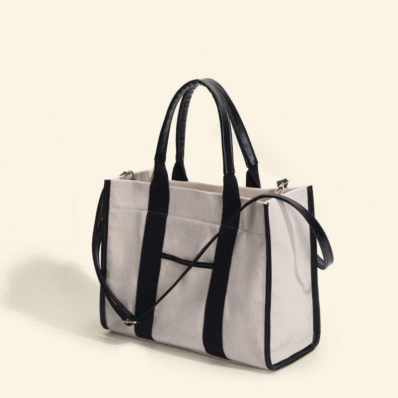 Ielgy High-End Cotton Cloth Large-Capacity Tote Bag Work Commuter Laptop Bag Contrast Color Canvas Shoulder Diagon
