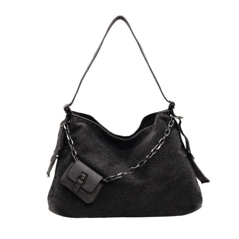 Ielgy Canvas Large Capacity Casual Retro Denim Underarm Bag Commuter Tote Bag
