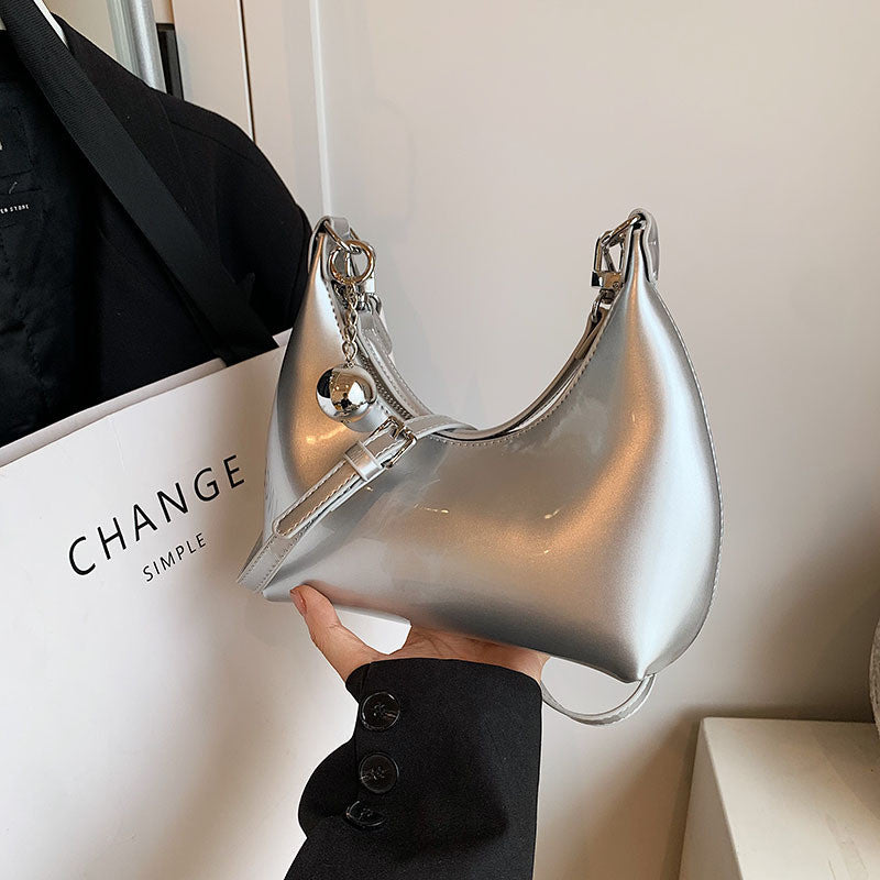 Ielgy Silver Patent Leather Crescent Moon Underarm Bag Korean Version High-End Bell Shoulder Messenger Bag