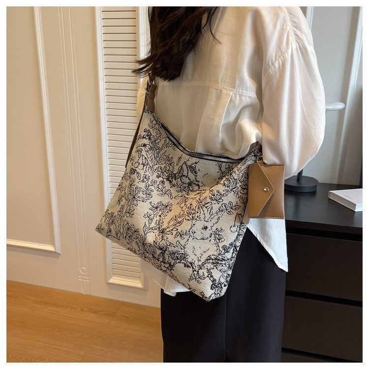 Ielgy Casual Messenger Tote Bag Embroidered Jacquard Fabric Fashion Large-Capacity Shoul