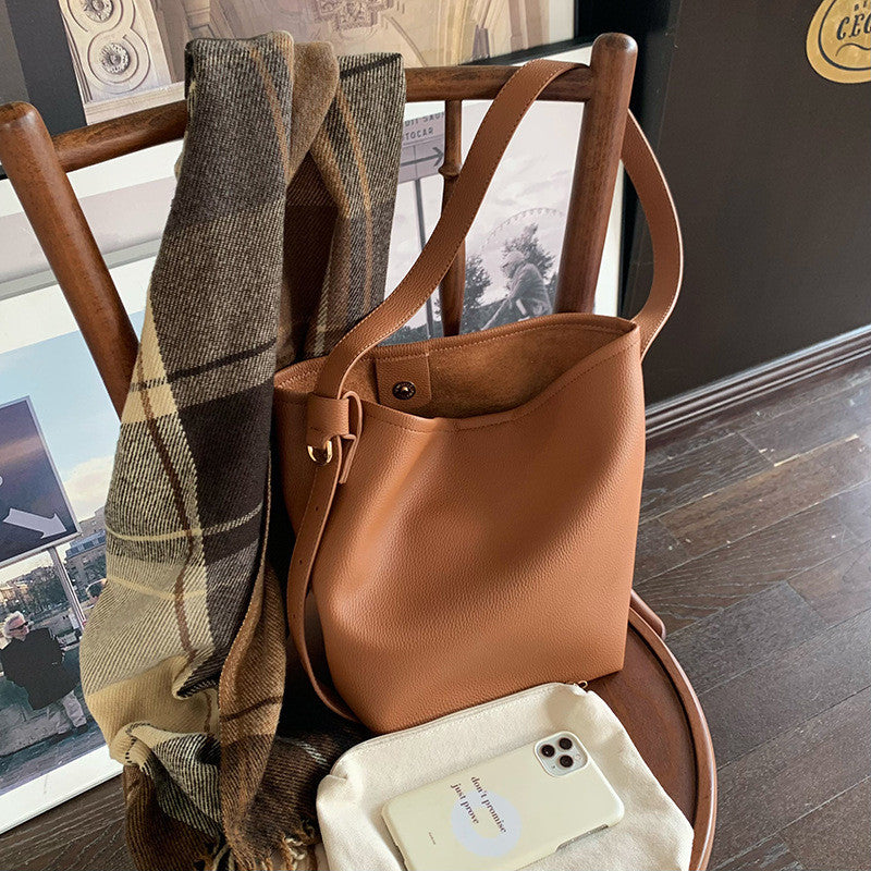 Ielgy Texture Large Bag Fashion Shoulder Messenger Bag Work Commuter Large Capacity Soft Leather Bucket Bag