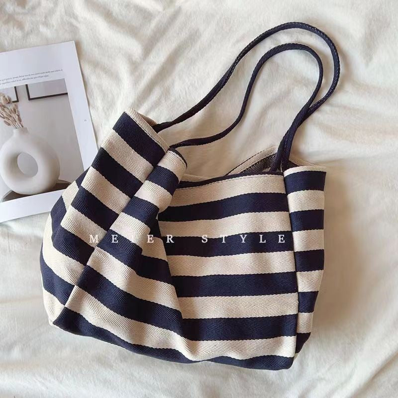 Ielgy Korean Literary Contrast Color Striped Canvas Tote Bag Large Capacity One Shoulder Lazy Style Shopping Bag Big Bag