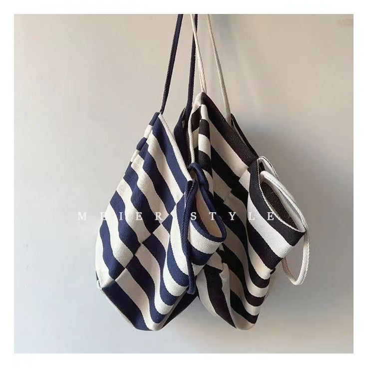 Ielgy Korean Literary Contrast Color Striped Canvas Tote Bag Large Capacity One Shoulder Lazy Style Shopping Bag Big Bag