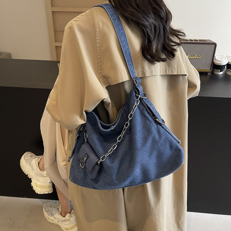 Ielgy Canvas Large Capacity Casual Retro Denim Underarm Bag Commuter Tote Bag