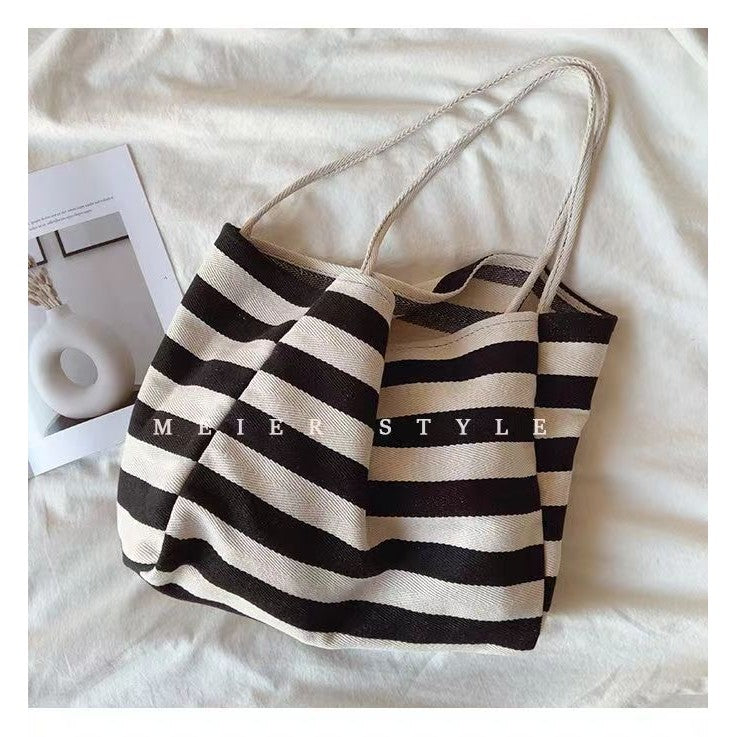 Ielgy Korean Literary Contrast Color Striped Canvas Tote Bag Large Capacity One Shoulder Lazy Style Shopping Bag Big Bag