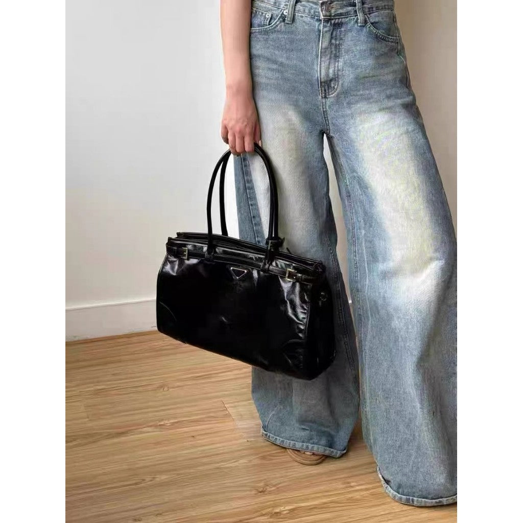 Ielgy High-End Oil Wax Leather Motorcycle Handbag Large Capacity Tote Bag Commuter Fashion All-Match Shoulder Messen