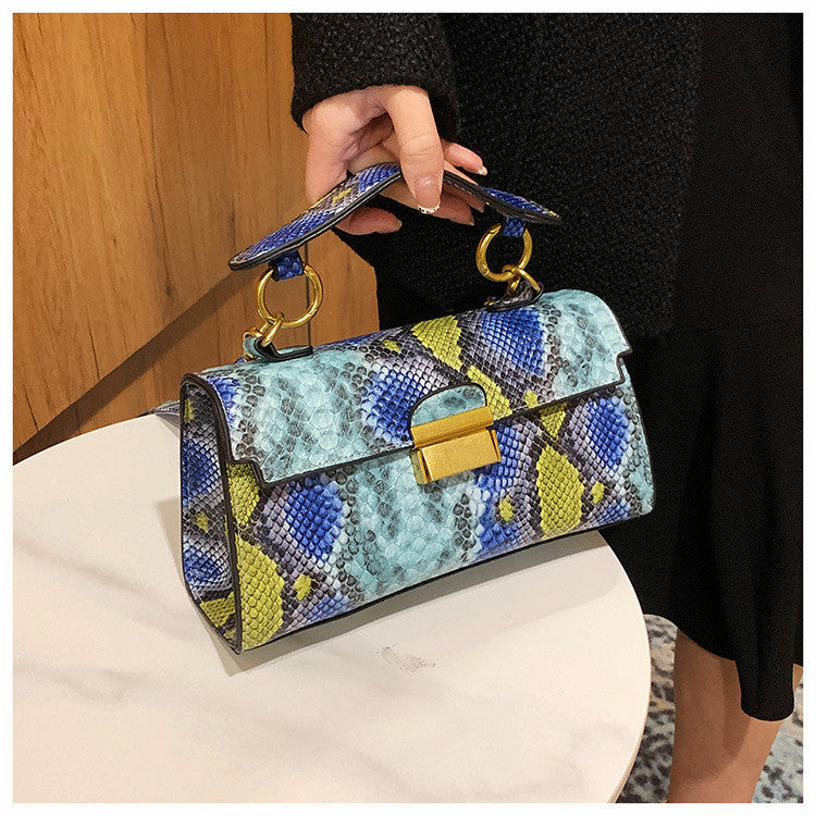 Ielgy Ladies Commuter Shoulder Small Square Bag Contrast Color Snake Pattern Chain Underarm Diagonal Bag