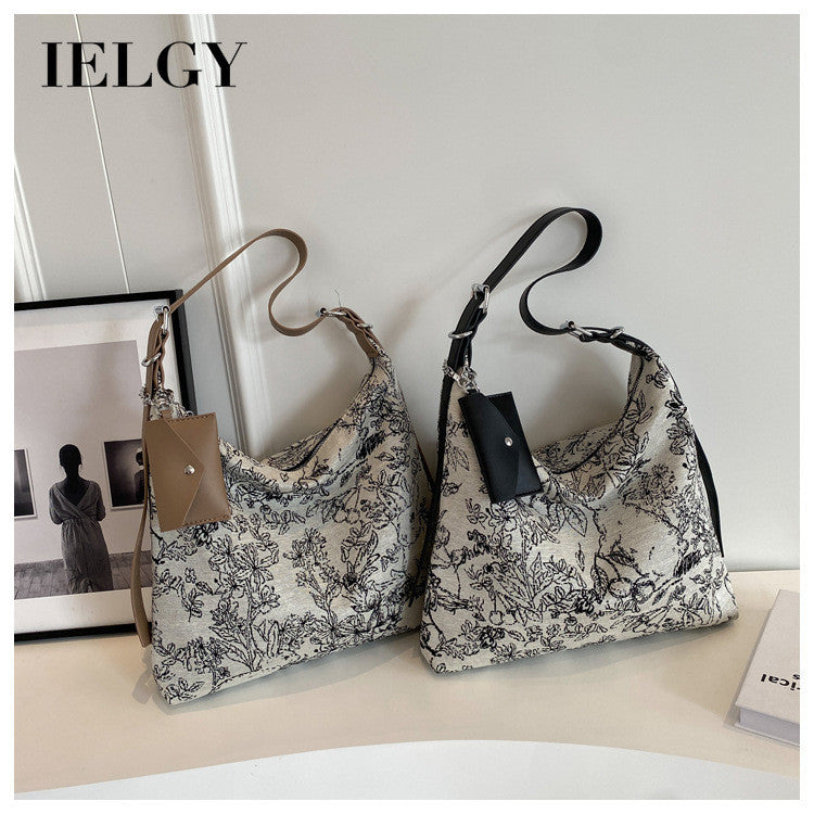 Ielgy Casual Messenger Tote Bag Embroidered Jacquard Fabric Fashion Large-Capacity Shoul