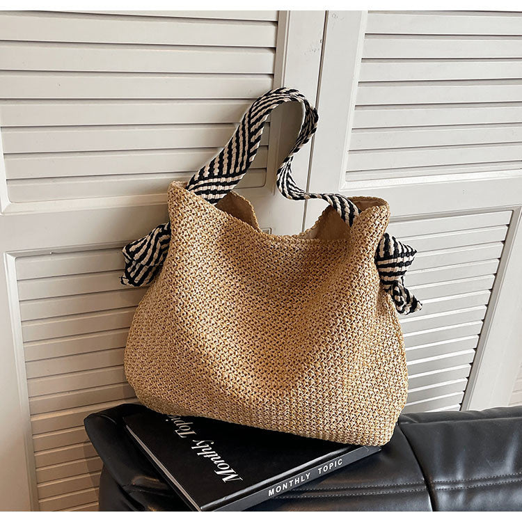 Ielgy Loose Feel Straw Bag Large Capacity Casual One-Shoulder Bucket Bag Woven Seaside Beach Bag