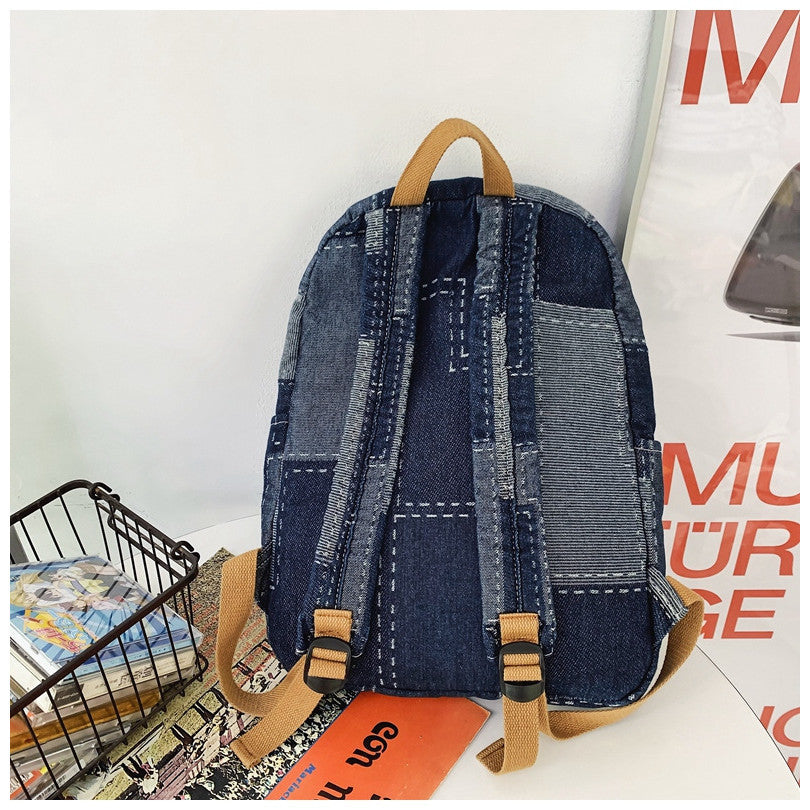 Ielgy Korean Version Lazy Style Denim Schoolbag Preppy Style Student Backpack Washed Retro Stitching Denim Backpack
