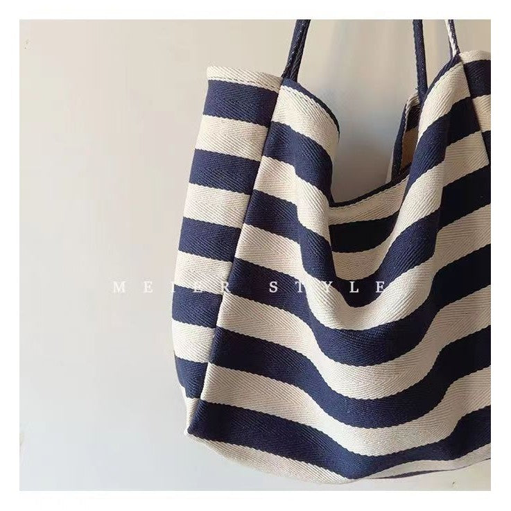 Ielgy Korean Literary Contrast Color Striped Canvas Tote Bag Large Capacity One Shoulder Lazy Style Shopping Bag Big Bag
