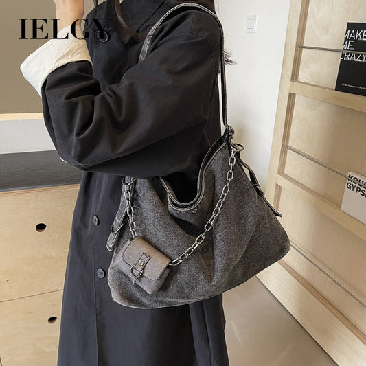 Ielgy Canvas Large Capacity Casual Retro Denim Underarm Bag Commuter Tote Bag