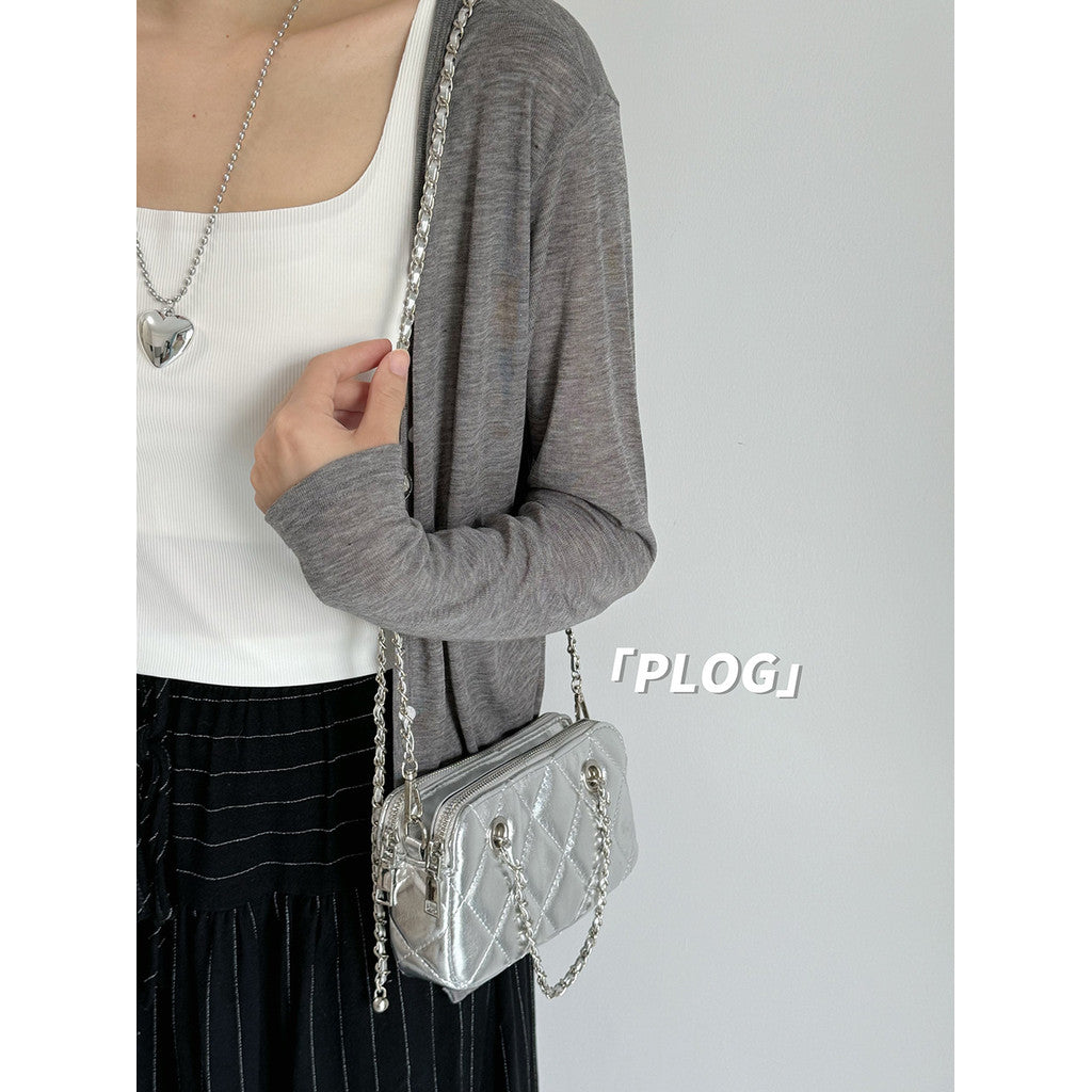 Ielgy Korean Style Textured Diamond Embroidered Small Golden Ball Chain Bag Double Zipper Compartment Female Bag