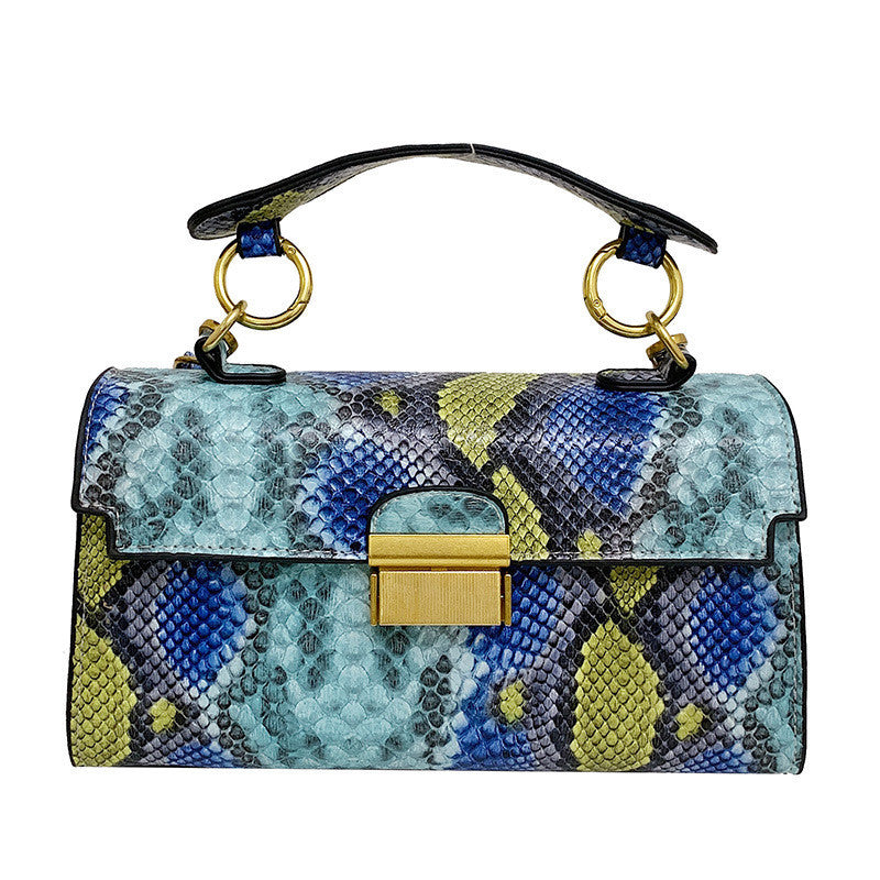 Ielgy Ladies Commuter Shoulder Small Square Bag Contrast Color Snake Pattern Chain Underarm Diagonal Bag