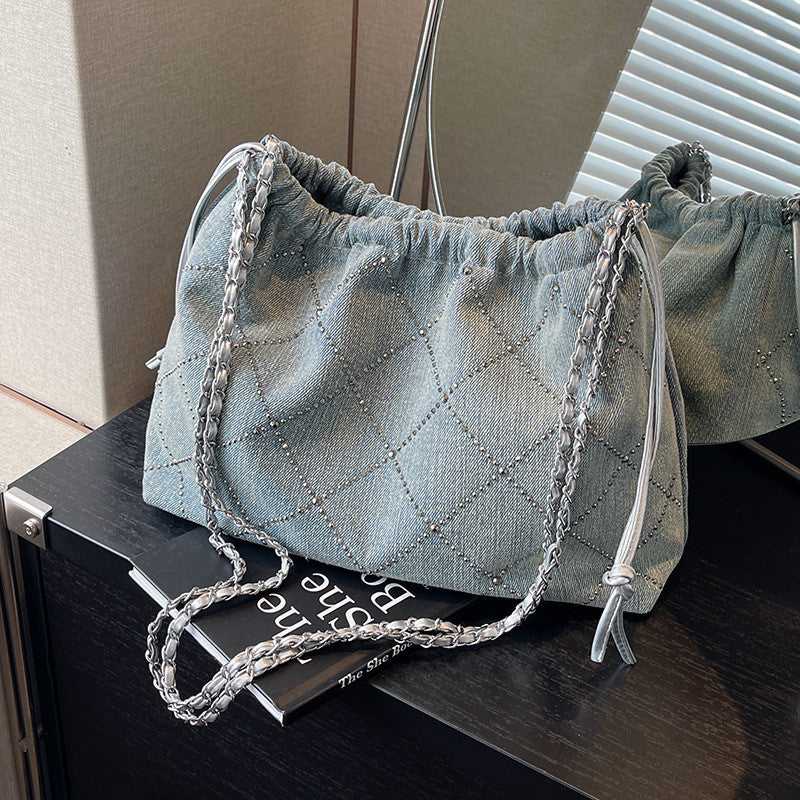 Ielgy Denim Bag Female Large Capacity Casual Fashion Chain Crossbody Bucket Bag