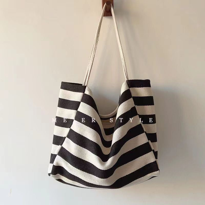 Ielgy Korean Literary Contrast Color Striped Canvas Tote Bag Large Capacity One Shoulder Lazy Style Shopping Bag Big Bag