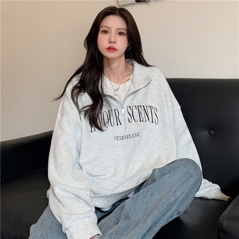 IELGY Grey polo collar sweatshirt women's thin loose oversize zipper top