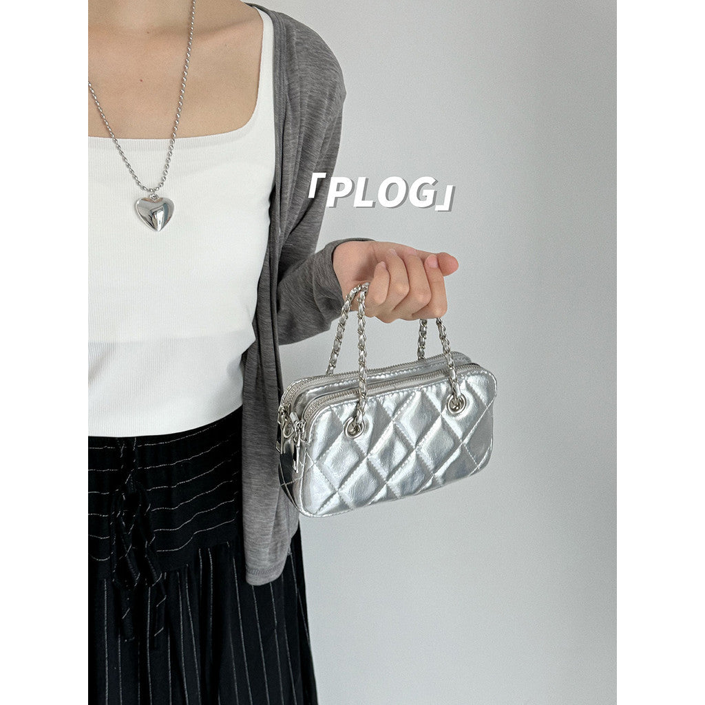 Ielgy Korean Style Textured Diamond Embroidered Small Golden Ball Chain Bag Double Zipper Compartment Female Bag