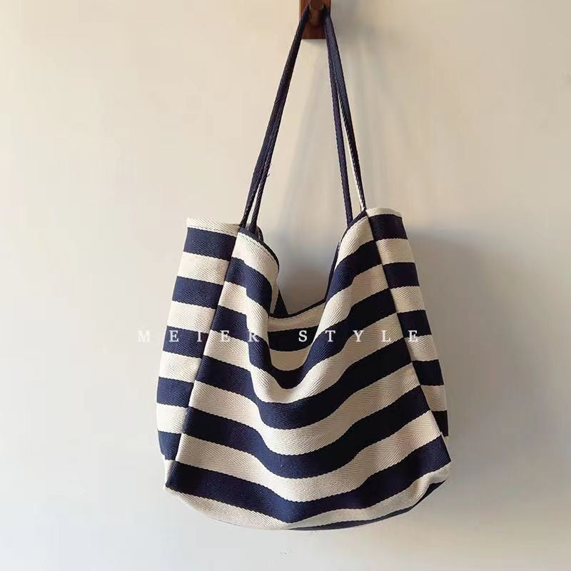 Ielgy Korean Literary Contrast Color Striped Canvas Tote Bag Large Capacity One Shoulder Lazy Style Shopping Bag Big Bag