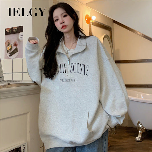 IELGY Grey polo collar sweatshirt women's thin loose oversize zipper top