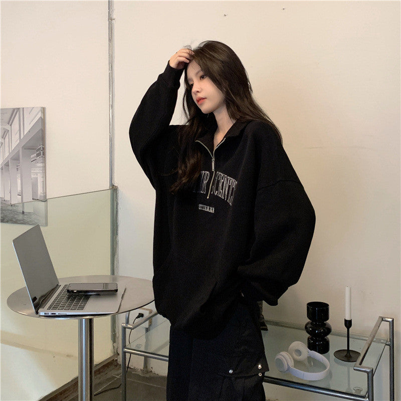 IELGY Grey polo collar sweatshirt women's thin loose oversize zipper top