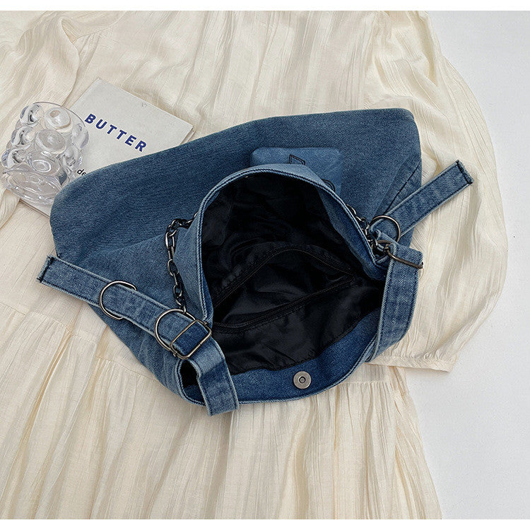 Ielgy Canvas Large Capacity Casual Retro Denim Underarm Bag Commuter Tote Bag