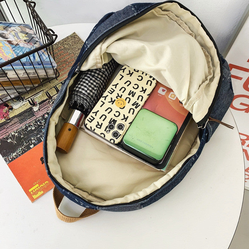 Ielgy Korean Version Lazy Style Denim Schoolbag Preppy Style Student Backpack Washed Retro Stitching Denim Backpack