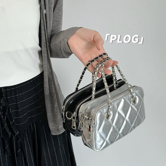 Ielgy Korean Style Textured Diamond Embroidered Small Golden Ball Chain Bag Double Zipper Compartment Female Bag