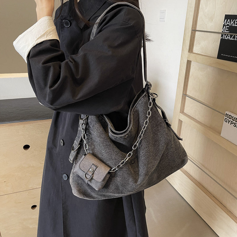 Ielgy Canvas Large Capacity Casual Retro Denim Underarm Bag Commuter Tote Bag