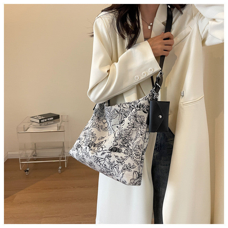 Ielgy Casual Messenger Tote Bag Embroidered Jacquard Fabric Fashion Large-Capacity Shoul
