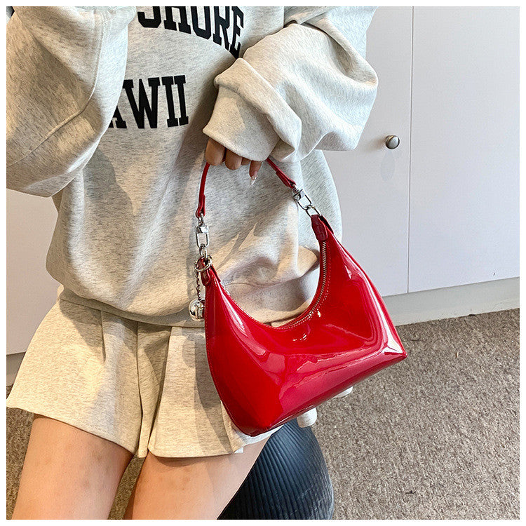 Ielgy Silver Patent Leather Crescent Moon Underarm Bag Korean Version High-End Bell Shoulder Messenger Bag