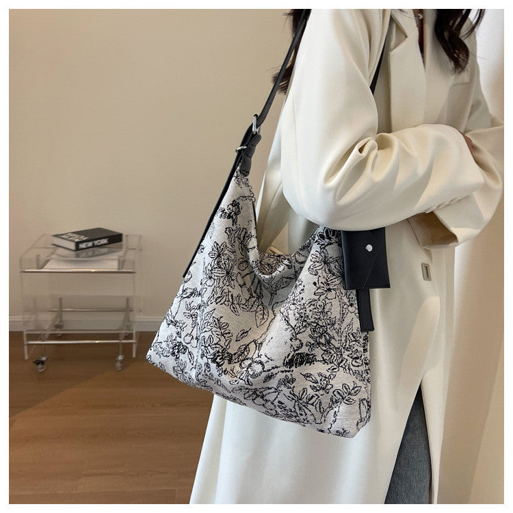 Ielgy Casual Messenger Tote Bag Embroidered Jacquard Fabric Fashion Large-Capacity Shoul